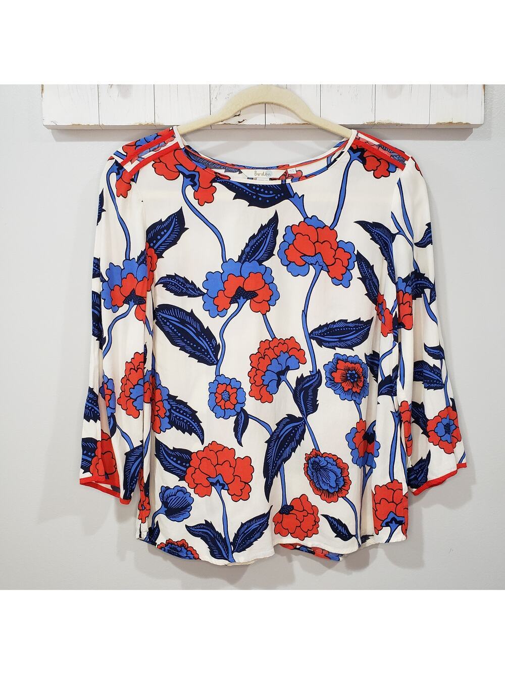 Boden Floral Print Top Womens 6 Blue Red White Long Sleeve Blouse